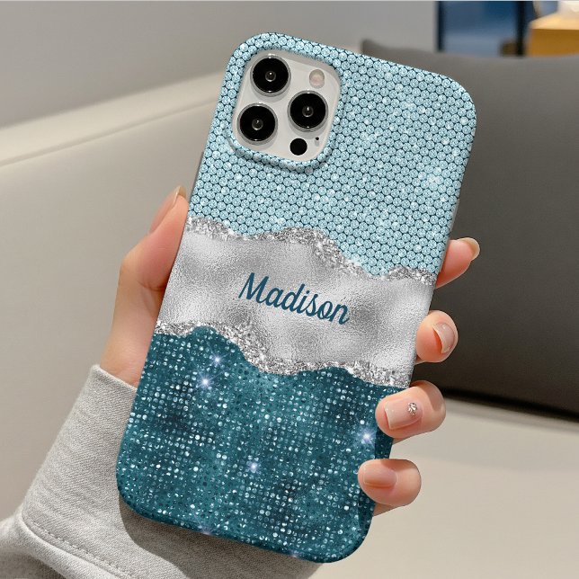 Coques Case-Mate iPhone Chic fille sarcelle vert menthe paillettes monogra (Créateur téléchargé)