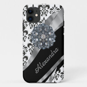 Coque iPhone 11 Chic fille vintage damassé personnalisé