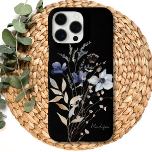 Coque iPhone 16 Pro Max Chic Fleur Bleue Aquarelle Monogrammée