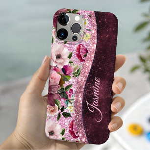 Case-Mate iPhone Case Chic floral bordeaux rose violet pailleté monogram
