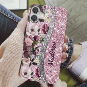 Coque Pour iPhone 16 Chic floral glittery Purple rose argent monogramme