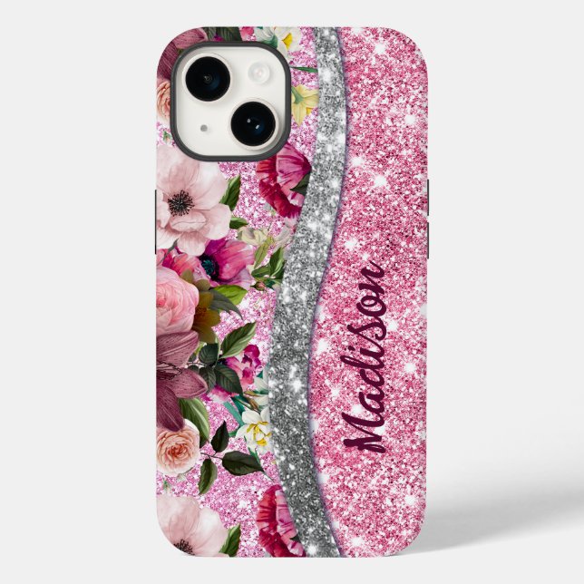 Coques Case-Mate iPhone Chic floral glittery Purple rose argent monogramme (Verso)