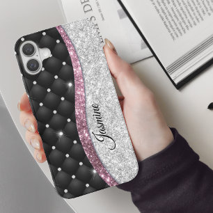 Coque Pour iPhone 16 Chic girly faux parties scintillant argent noir ro