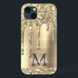 Case-Mate iPhone Case Chic Gold Parties scintillant Drives Monogramme Mé<br><div class="desc">Elégante, moderne, parties scintillant d'or girly goutte or métal personnalisé nom personnalisé et monogrammed coque iphone. Ce design présente des gouttes brillantes de parties scintillant d'or jaune sur arrière - plan de métal brossé or avec personnalisation monogramme initial et modèle de texte de prénom. Un cadeau féminin parfait pour les...</div>