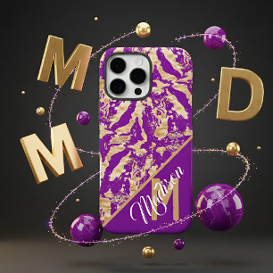 Coque iPhone 16 Pro Max Chic Golden Marble violet Custom monogramme initia