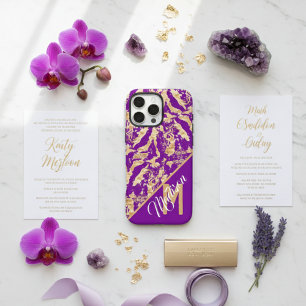 Coque iPhone 16 Pro Max Chic Golden Marble violet Custom monogramme initia