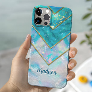Coque iPhone 16 Pro Chic holographique féminin bleu élégant