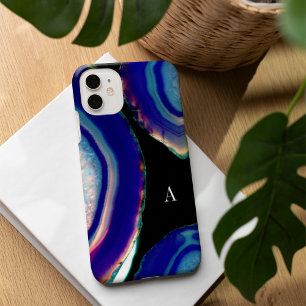 Coque Pour iPhone 16 Chic Indigo Agate Géode Monogramme