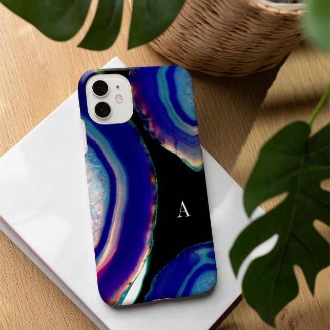 Coques Case-Mate iPhone Chic Indigo Agate Géode Monogramme (Créateur téléchargé)