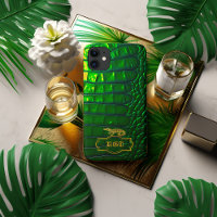 Chic Iridescente Vert Faux Crocodile Monogramme