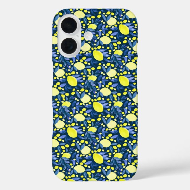 Coques Case-Mate iPhone Chic Méditerranéen Rustique Citrons Feuille Bleue (Verso)
