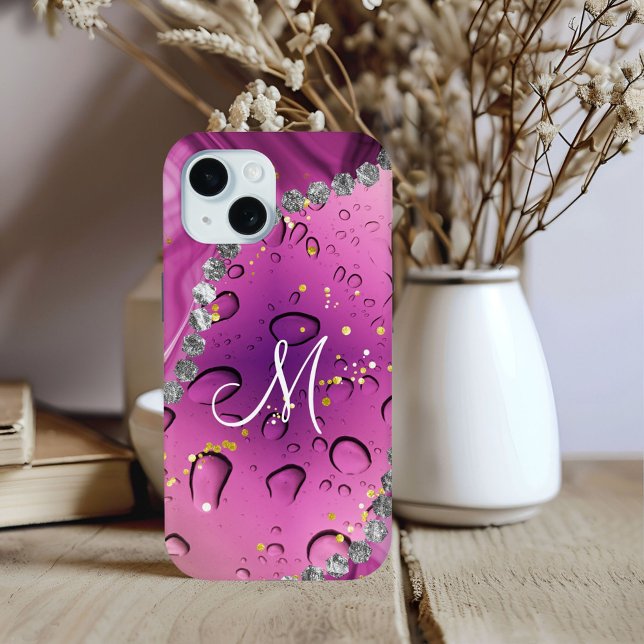 Coques Case-Mate iPhone Chic Monogram M Argent Glam Magenta Gouttes de Plu (Créateur téléchargé)