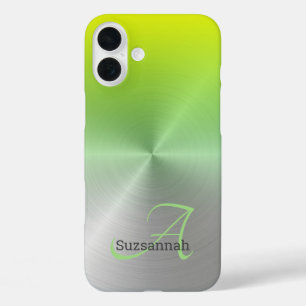 Coque Pour iPhone 16 Plus Chic Monogramme Nom Lime Green Ombre Faux Metal