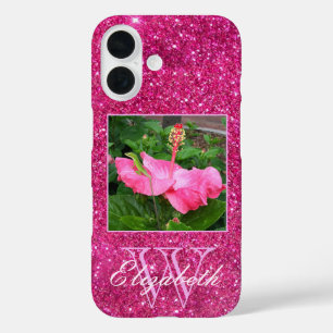 Coque Pour iPhone 16 Chic Monogramme Parties scintillant rose étincelle