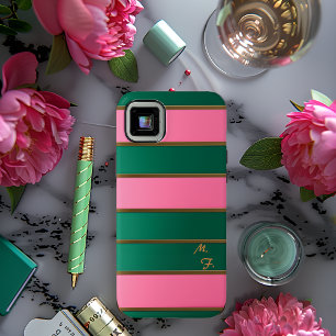 Coque Case-Mate iPhone Chic Monogrammed Bold Rose & Vert, Gold Stried