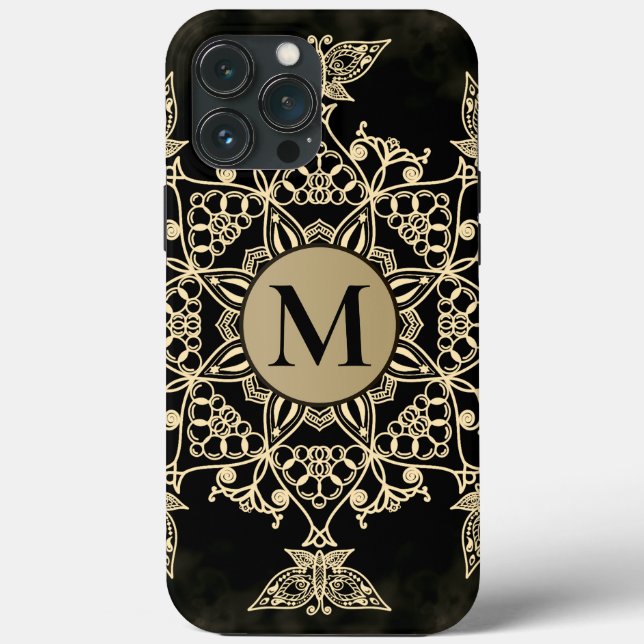 Coques Case-Mate iPhone Chic noir monogramme d'or mandala girly (Verso)