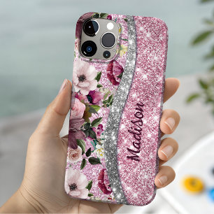 Coque Case-Mate iPhone Chic pailleté floral Monogramme rose violet argent