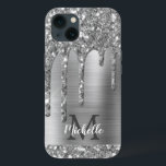 Case-Mate iPhone Case Chic Parties scintillant gris argent Lecteurs Mono<br><div class="desc">Elégante, moderne, poutres en argent gris argent, parties scintillant argent goutte en métal argent personnalisé nom et monogrammed coque iphone. Ce design présente des gouttes brillantes de parties scintillant argent sur arrière - plan en métal brossé gris avec personnalisation monogramme initial et modèle de texte de prénom. Un cadeau féminin...</div>