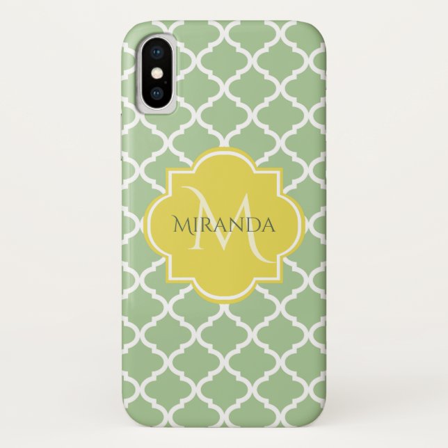 Coques Case-Mate iPhone Chic Pastel Green Quatrefoil Jaune Nom Monogramme (Dos)