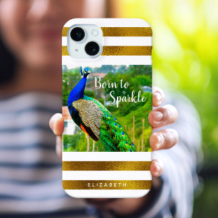 Coque Case-Mate iPhone Chic Peacock Né de Sparkle Gold White Stripes