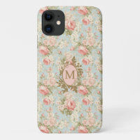 Chic Rétro Monogramme Fleurs Roses Roses Foncées
