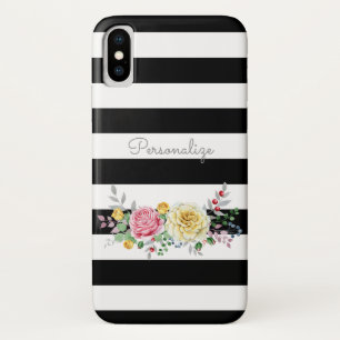 Case-Mate iPhone Case Chic Rose Floral tendance rayures noires et nom