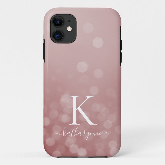 Coques Case-Mate iPhone Chic Rose Gold Champagne Sparkle Bokeh Monogramme (Dos)