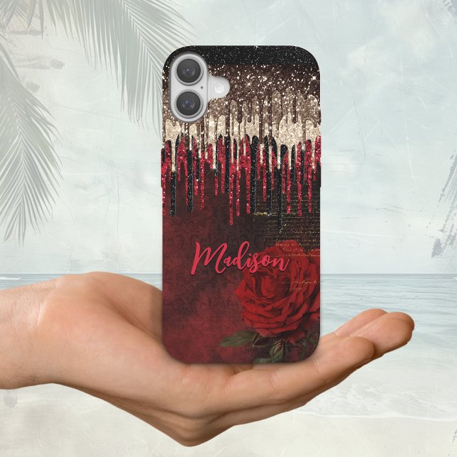 Coques Case-Mate iPhone Chic rouge fleurs gouttes d'or parties scintillant (Créateur téléchargé)