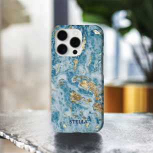 Coque iPhone 16 Pro Chic tendance Blue Gold Texture personnalisée