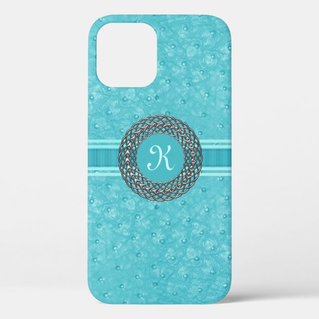 Coques Case-Mate iPhone Chic Turquoise Ostrich cuir look Monogramme (Verso)