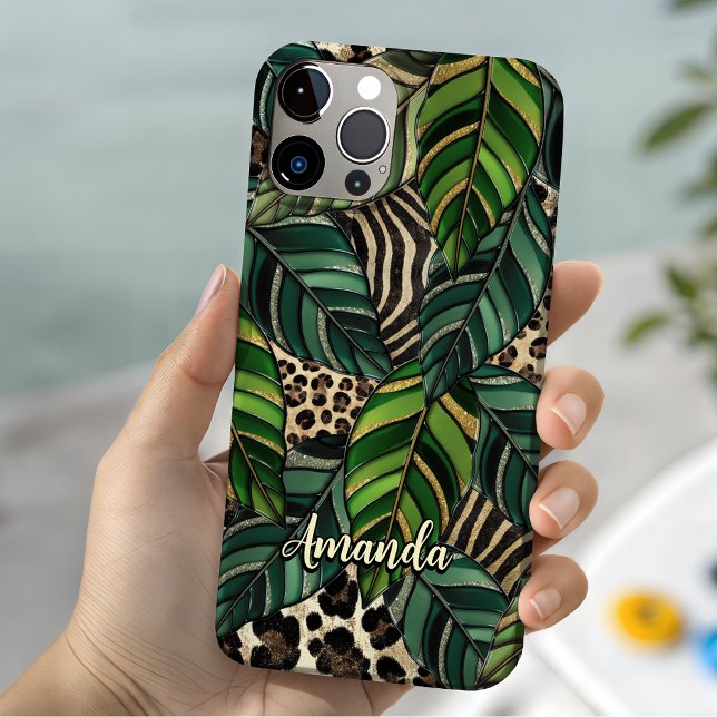 Coques Case-Mate iPhone Chic Vert Botanique Tropical Léopard Monogramme (Créateur téléchargé)