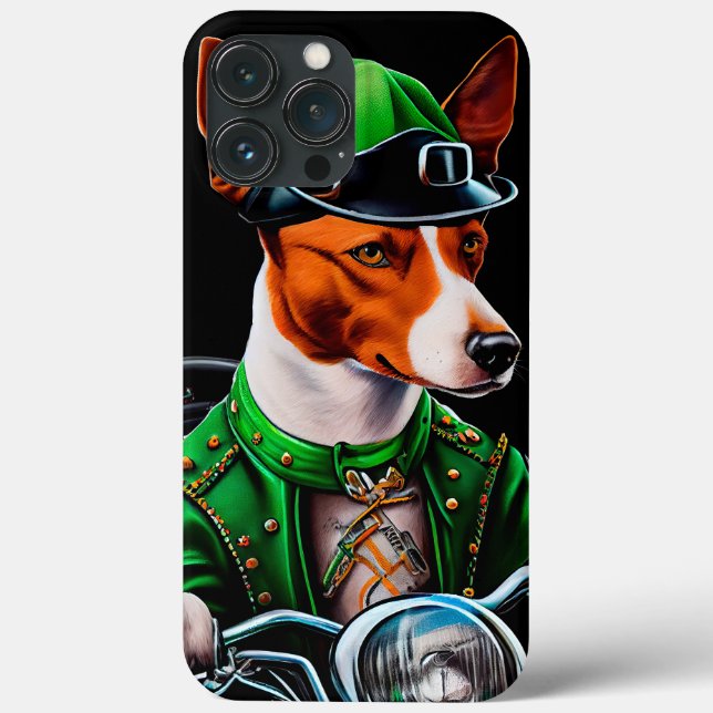 Coques Case-Mate iPhone Chien Basenji conduisant un vélo St. Patrick's Day (Verso)