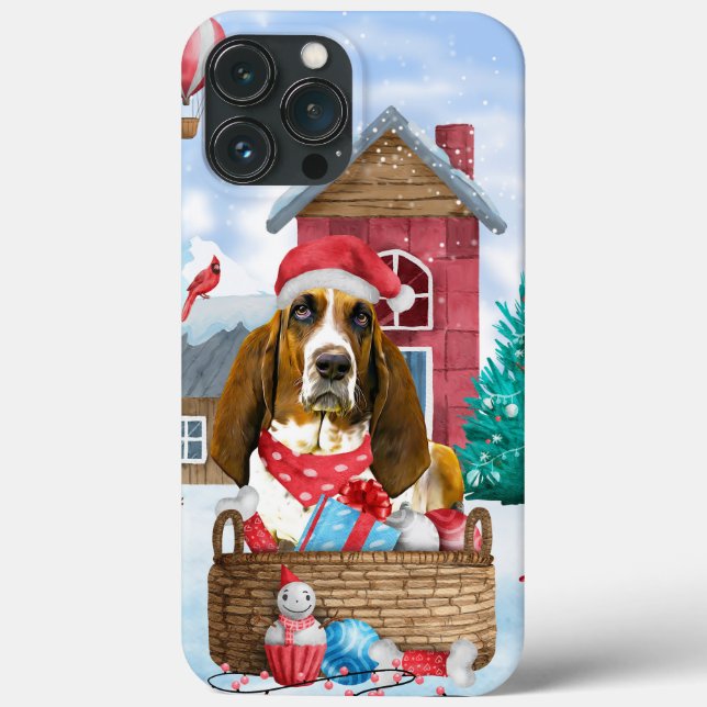 Coques Case-Mate iPhone Chien Basset Hound dans la maison de Noël enneigée (Verso)