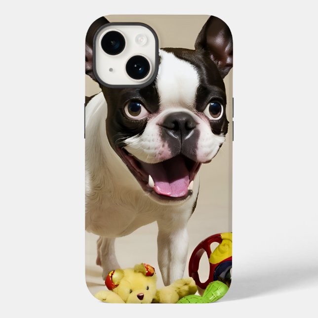 Coques Case-Mate iPhone Chien de Boston Terrier jouant avec des jouets (Verso)