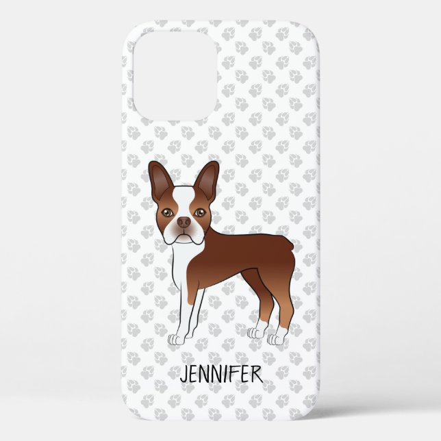 Coques Case-Mate iPhone Chien de dessin animé Boston Terrier rouge & nom p (Verso)