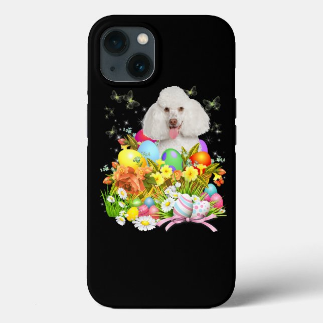 Coques Case-Mate iPhone Chien de lapin de caniche blanc avec oeufs de Pâqu (Verso)