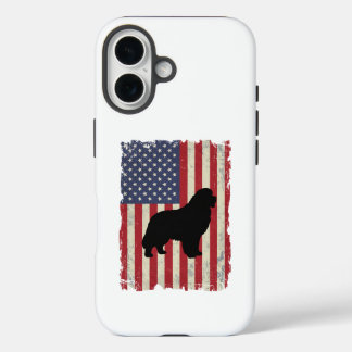 Coque Pour iPhone 16 Chien de Terre-Neuve, drapeau américain, Vintage