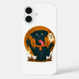 Coque Pour iPhone 16 Chien noir mignon effrayant avec fantôme 