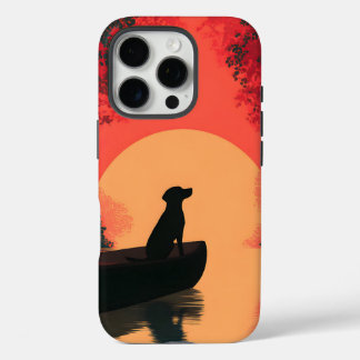 Coque iPhone 16 Pro Chien noir minimaliste du coucher du soleil