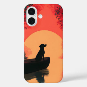 Coque Pour iPhone 16 Chien noir minimaliste du coucher du soleil