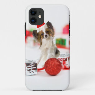 Coque iPhone 11 Chien Papillon Mignon Chapeau de Noël de Santa