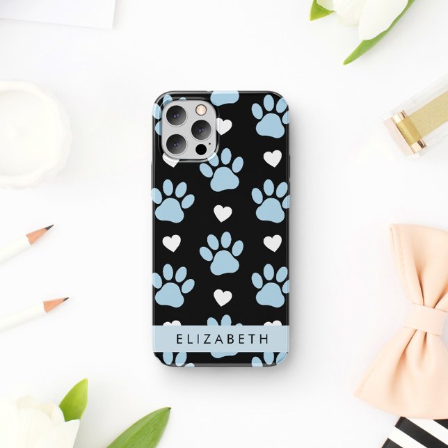Coques Case-Mate iPhone Chien Paws, Blue Paws, White Hearts, Votre Nom (Créateur téléchargé)