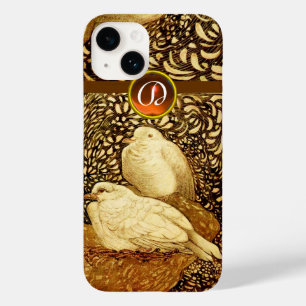 COQUE POUR iPhone 14 CHIENS BLANCS EN SÉPIE BROWN, MONOGRAMME EN PIERRE