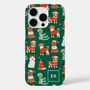 Coque iPhone 16 Pro Chiens de Noël verts Monogramme de fille personnal