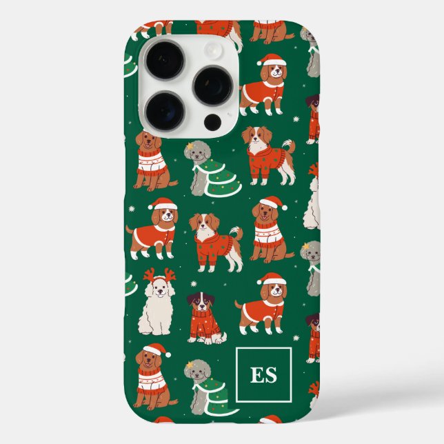 Coques Case-Mate iPhone Chiens de Noël verts Monogramme de fille personnal (Verso)