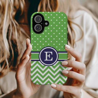 Coque Pour iPhone 16 Chiffre Chevron - Green et Navy Preppy