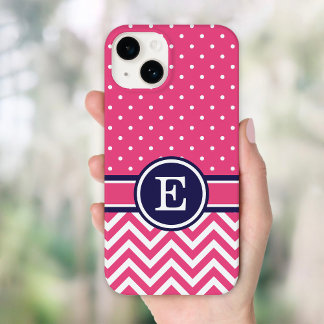 Coque Pour iPhone 14 Chiffres Chevron Rose et Navy Preppy Monogram