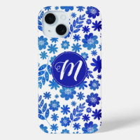 Chine bleue Tiré à la main motif floral & Monogram