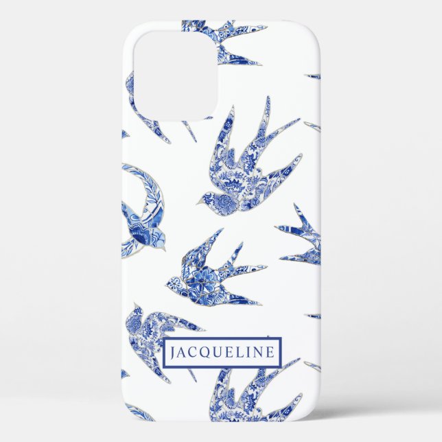 Coques Case-Mate iPhone Chinoiserie Oiseaux d'hirondelles bleus et blancs (Verso)