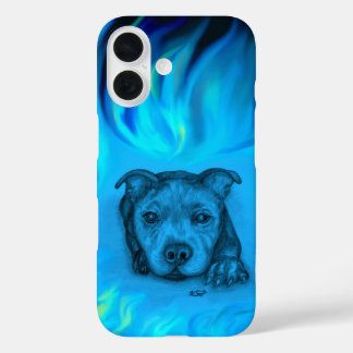 Coque Pour iPhone 16 Chiots Staffy Bleu